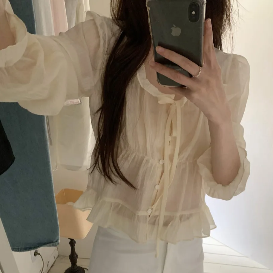 Sweet Style Bubble Sleeve Ruffle Hem Women's Shirt Summer Slimming Pink Color Business Casual Long Sleeve Top for Women
Sweet Style Bubble Sleeve Ruffle Hem Women's Shirt Summer Slimming Pink Color Business Casual Long Sleeve Top for Women