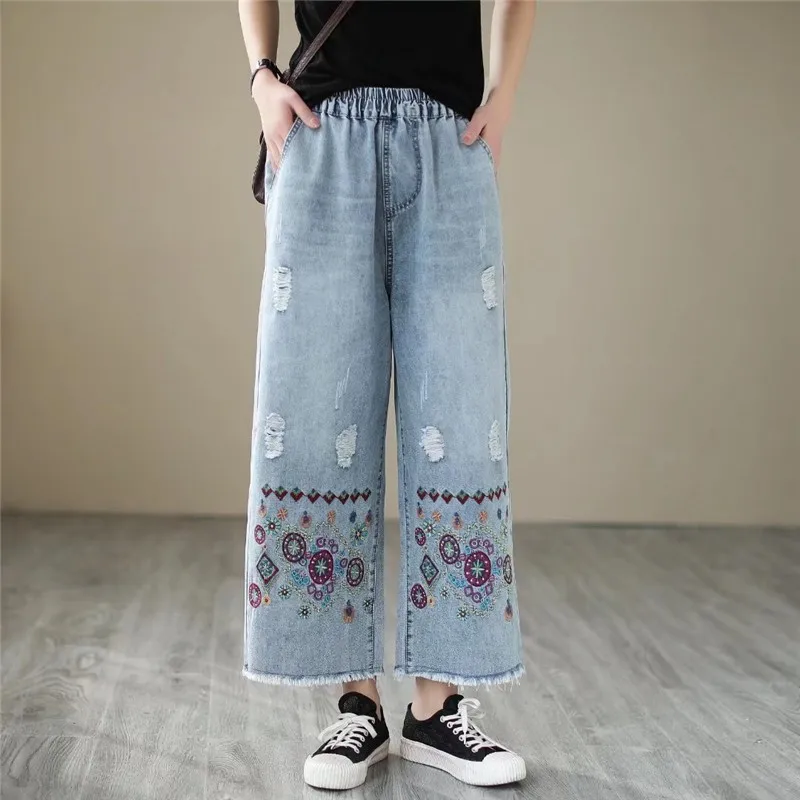 Summer Loose Fit Slimming High Waist Wide Leg Jeans Women's Embroidered Ethnic Sle Hollow out Cotton Denim Trendy Trousers
Summer Loose Fit Slimming High Waist Wide Leg Jeans Women's Embroidered Ethnic Sle Hollow out Cotton Denim Trendy Trousers