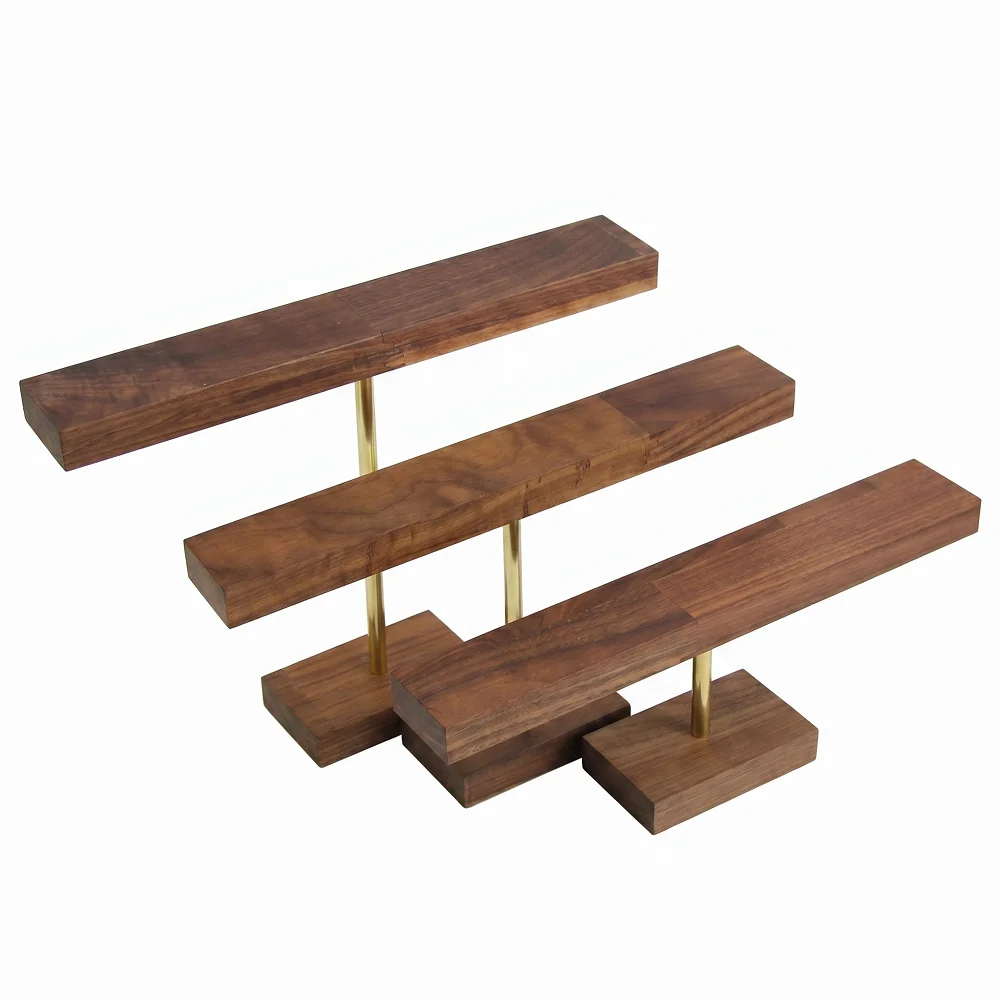 Walnut Wood Bracelet Display Stand T-Bar Jewelry Holder with Gold Metal Rod Tiered Bangle Watch Organizer for Shop and Home
Walnut Wood Bracelet Display Stand T-Bar Jewelry Holder with Gold Metal Rod Tiered Bangle Watch Organizer for Shop and Home