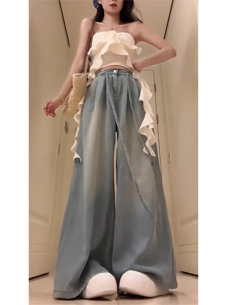 Голубые широкие джинсы с завышенной талией, женские летние дизайнерские драпированные универсальные тонкие джинсы длиной до пола, повседневный прямой крой
Голубые широкие джинсы с завышенной талией, женские летние дизайнерские драпированные универсальные тонкие джинсы длиной до пола, повседневный прямой крой