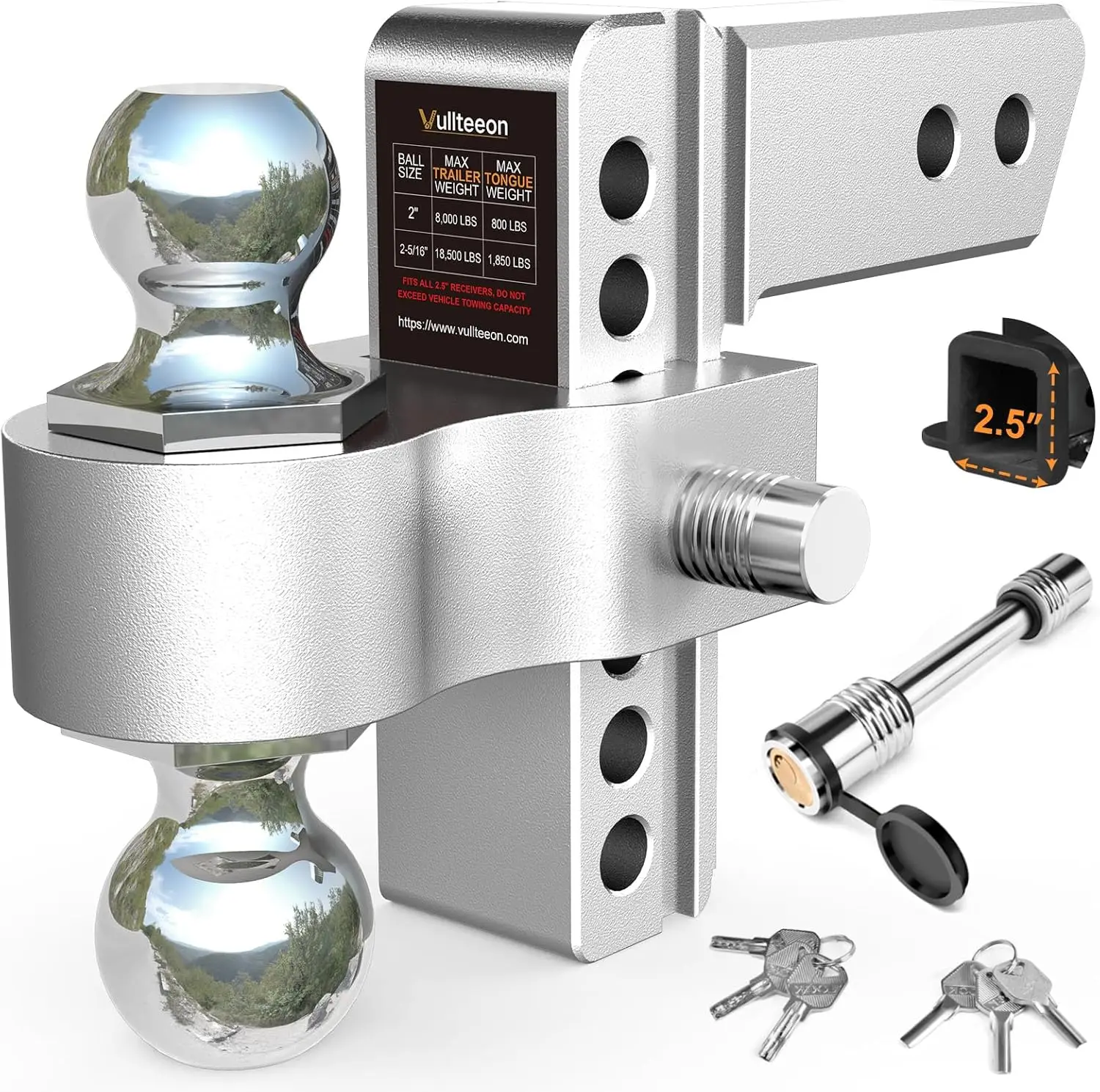 2.5 Inch Drop Hitch, 6 Inch Adjustable Trailer Ball Mount, 18,500 LBS GTW, Chrome Plated Steel Balls with Anti-Theft Pins
2.5 Inch Drop Hitch, 6 Inch Adjustable Trailer Ball Mount, 18,500 LBS GTW, Chrome Plated Steel Balls with Anti-Theft Pins