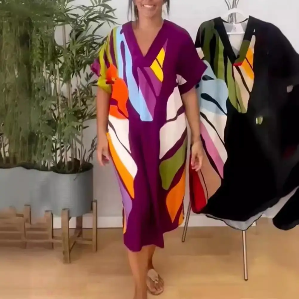 V-neck Dress Bohemian Style V Neck Midi Dress for Summer Vacation Colorful Printing Loose Fit Short Sleeves Beachwear for Women
V-neck Dress Bohemian Style V Neck Midi Dress for Summer Vacation Colorful Printing Loose Fit Short Sleeves Beachwear for Women