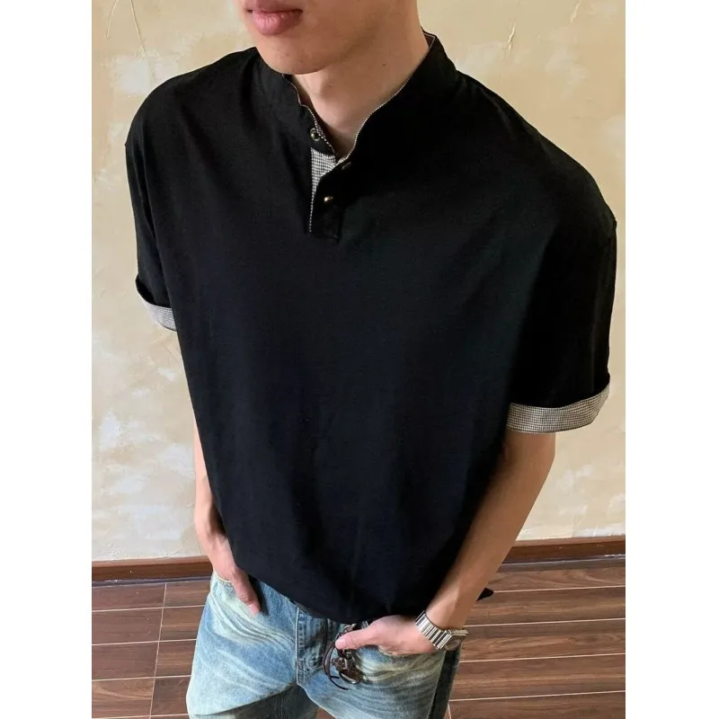 Men's Summer Stand Collar Short Sleeve Casual Shirt with Plaid Trim
Men's Summer Stand Collar Short Sleeve Casual Shirt with Plaid Trim