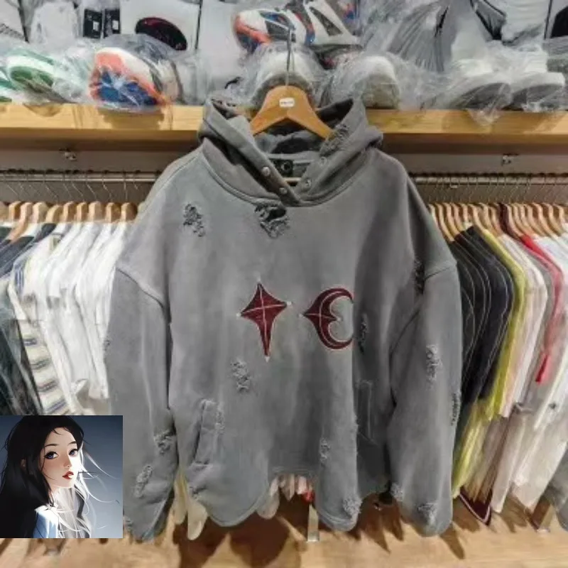 Hip Hop Thug Club Hole Damaged Hoodie Embroidery Red Leather Moon Star Ptach Pattern Sweatshirts Men Women Wash Pullovers Hoody
Hip Hop Thug Club Hole Damaged Hoodie Embroidery Red Leather Moon Star Ptach Pattern Sweatshirts Men Women Wash Pullovers Hoody