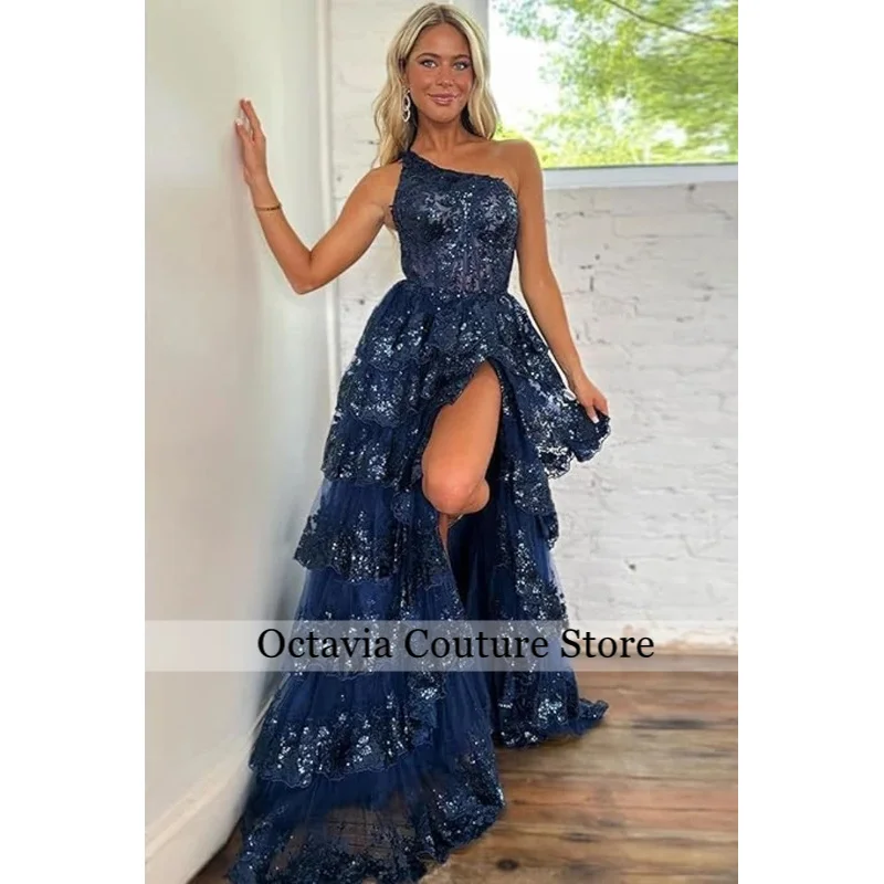 One Shoulder Prom Dresses for Women Sparkly Tulle Tiered Lace Appliques Formal Evening Party Gowns with Slit
One Shoulder Prom Dresses for Women Sparkly Tulle Tiered Lace Appliques Formal Evening Party Gowns with Slit