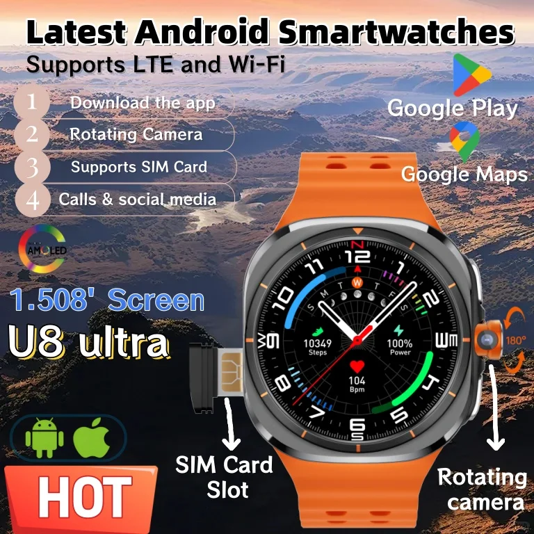 Smart Watch U8 Ultra 4G SIM Card Network 1.508''AMOLED Screen Video Call Rotating Camera 8+128GB Google Play WIFI GPS Sports Men
Smart Watch U8 Ultra 4G SIM Card Network 1.508''AMOLED Screen Video Call Rotating Camera 8+128GB Google Play WIFI GPS Sports Men