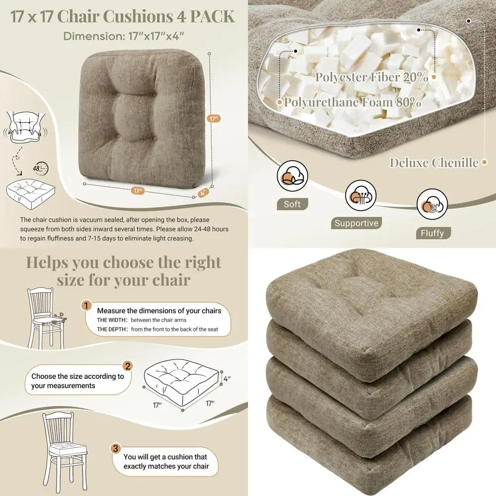 Set of 4 Non-Slip Dining Chair Cushions, Thick Seat Pads, 17 x 17 x 4, Khaki
Set of 4 Non-Slip Dining Chair Cushions, Thick Seat Pads, 17 x 17 x 4, Khaki