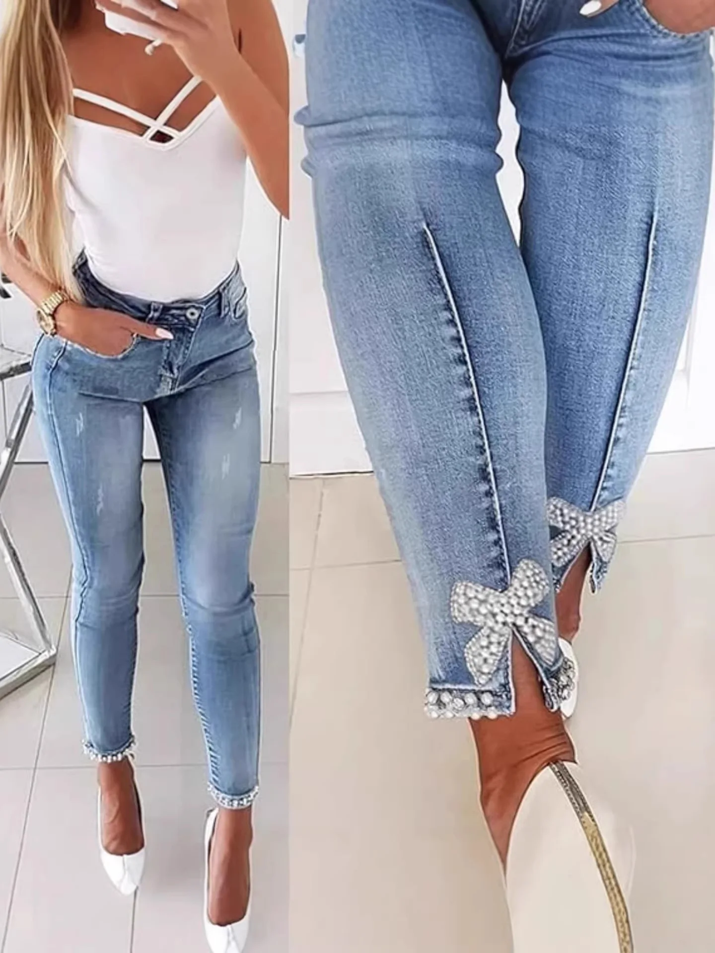 Slim Fit Women's Denim Jeans Stick Flower Embellished Small Foot Pencil Long Trousers Cross-Border Fashion
Slim Fit Women's Denim Jeans Stick Flower Embellished Small Foot Pencil Long Trousers Cross-Border Fashion