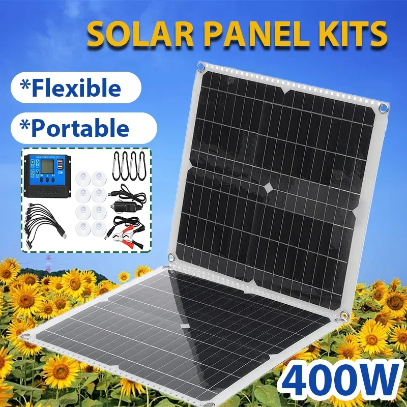 Outdoor 400W Flexible Foldable Solar Panel Kit Charger with Controller for Phone Car RV Boat Safe Complete Solar Cells Battery
Outdoor 400W Flexible Foldable Solar Panel Kit Charger with Controller for Phone Car RV Boat Safe Complete Solar Cells Battery