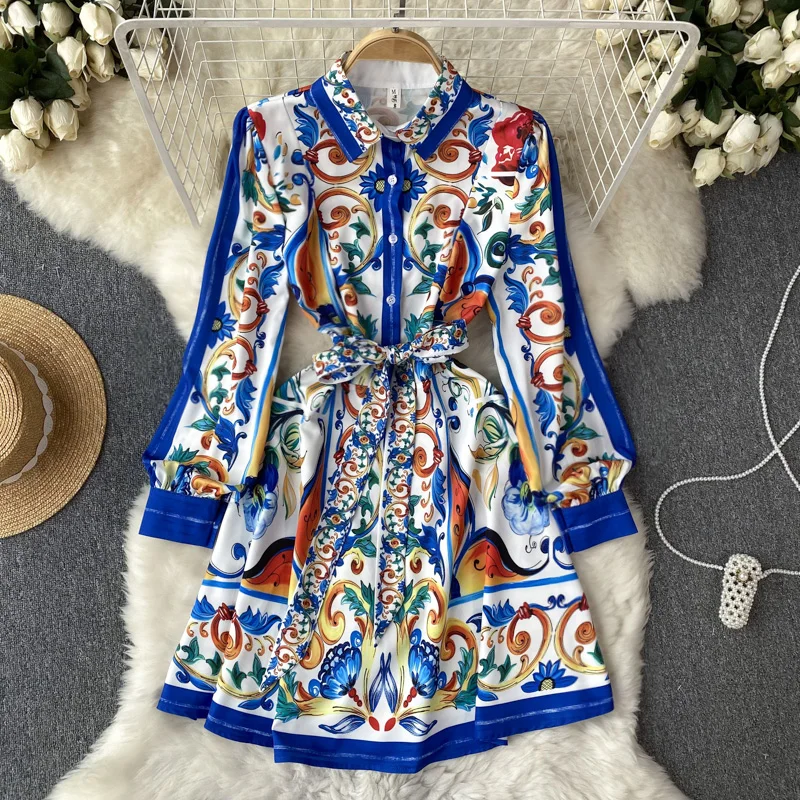 Spring Summer Runway Blue And White Porcelain Dress Women's Lapel Long Lantern Sleeve Belt Lace Up Ruffles Mini Vestidos N2024
Spring Summer Runway Blue And White Porcelain Dress Women's Lapel Long Lantern Sleeve Belt Lace Up Ruffles Mini Vestidos N2024