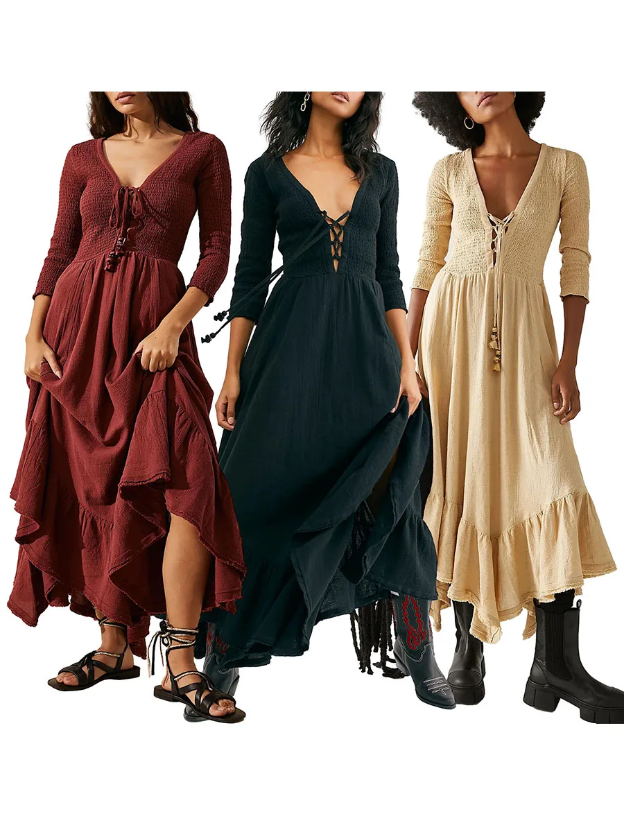 2024 Spring Women's Elegant Long Sleeved Pleated Casual A-Line Ruffles French Boho Long Dress Sexy Tie Up V-Neck Slim Dresses
2024 Spring Women's Elegant Long Sleeved Pleated Casual A-Line Ruffles French Boho Long Dress Sexy Tie Up V-Neck Slim Dresses