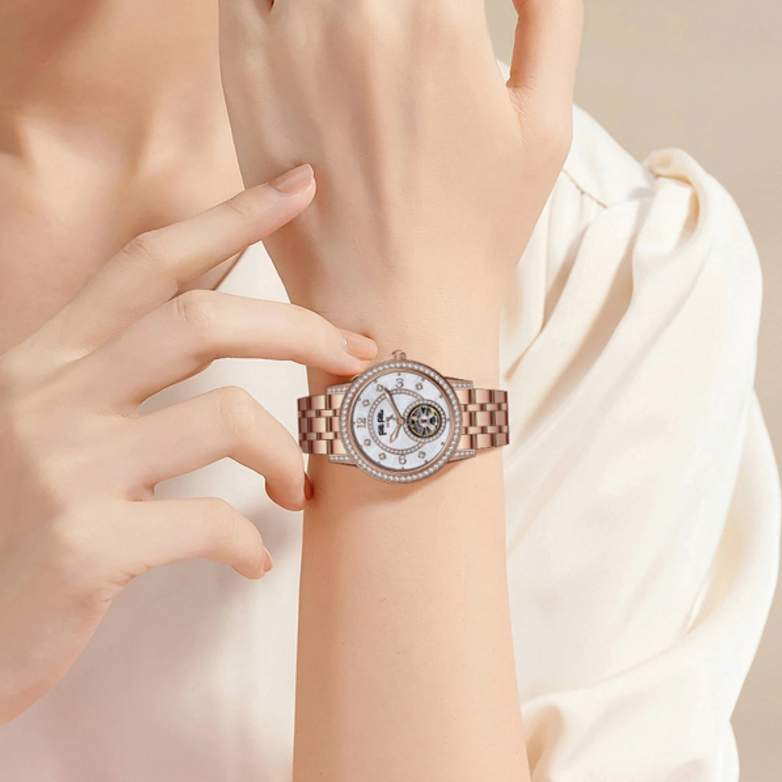 Folli Follie Elegant Rose Gold Diamonds MOP Dial with Tourbillon Dress Watch for Women Bracelet Band Automatic Ladies Wristwatch
Folli Follie Elegant Rose Gold Diamonds MOP Dial with Tourbillon Dress Watch for Women Bracelet Band Automatic Ladies Wristwatch