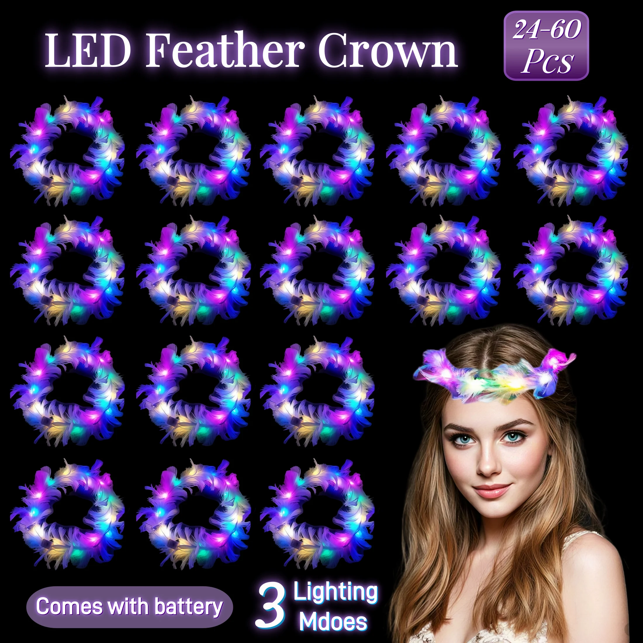 24-60Pcs LED Feather Crown Headband LED Light Up Hair Accessories with 3 Light Modes for Wedding Festival Party Headdress Gifts
24-60Pcs LED Feather Crown Headband LED Light Up Hair Accessories with 3 Light Modes for Wedding Festival Party Headdress Gifts