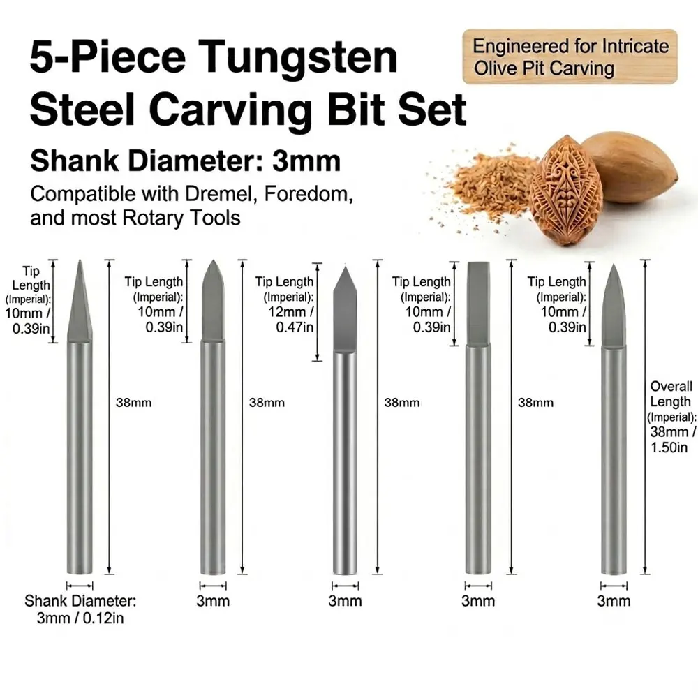 5Pcs Tungsten Carbide Engraving Knife Set 3mm Shank For Woodworking Nuclear Olive Carving And Stone Tools
5Pcs Tungsten Carbide Engraving Knife Set 3mm Shank For Woodworking Nuclear Olive Carving And Stone Tools