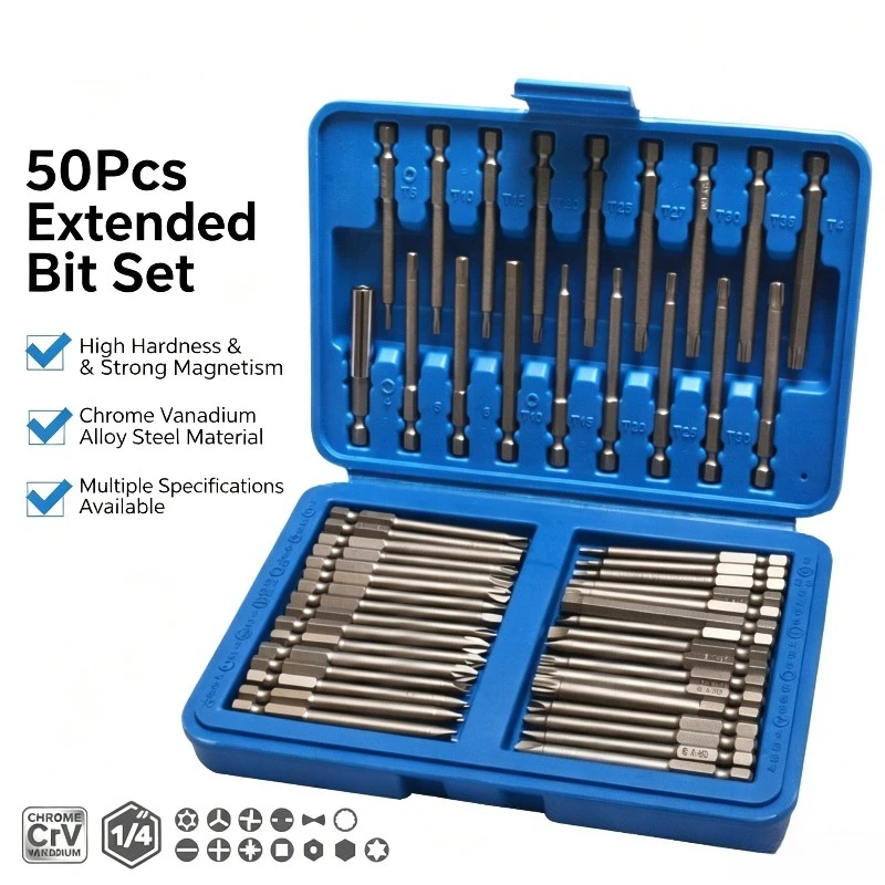 36/50pcs Long Screwdriver Bit Set, CR-V Steel Torx Hex Phillips Bits with 1/4" Hex Shank Magnetic Bits for Drill & Hand Tools
36/50pcs Long Screwdriver Bit Set, CR-V Steel Torx Hex Phillips Bits with 1/4" Hex Shank Magnetic Bits for Drill & Hand Tools