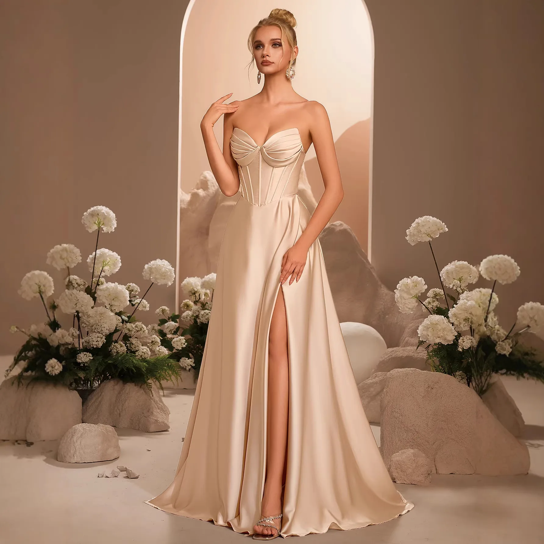 Champagne Satin Strapless Corset Maxi Dress Sweetheart Boned Bodice High Slit Wedding Bridal Evening Gown
Champagne Satin Strapless Corset Maxi Dress Sweetheart Boned Bodice High Slit Wedding Bridal Evening Gown
