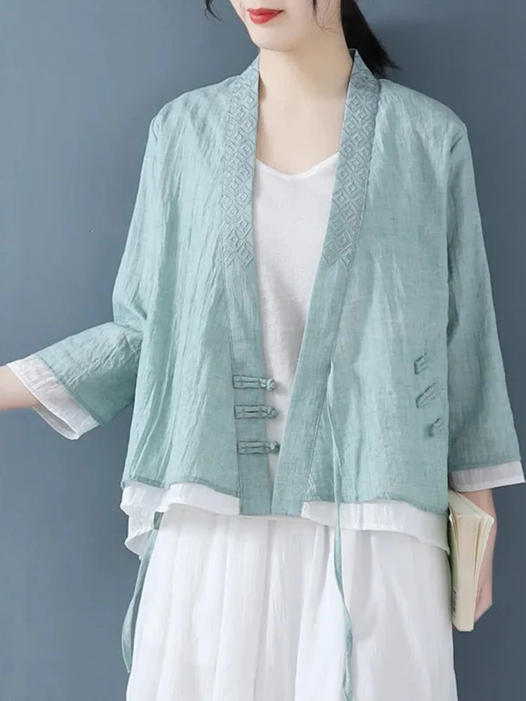 Retro Chinese Embroidered Cotton Linen Open Cardigan Women's irt V-ne Seven-quarter Sve Loose Fit Faionable Top
Retro Chinese Embroidered Cotton Linen Open Cardigan Women's irt V-ne Seven-quarter Sve Loose Fit Faionable Top