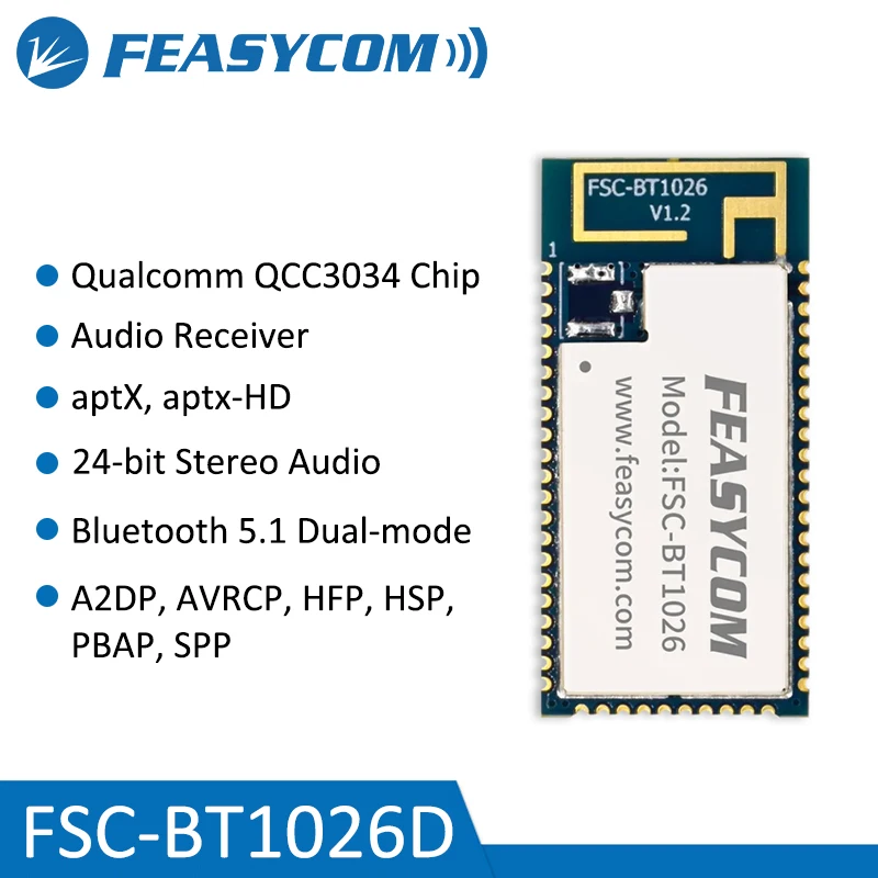 Модуль Bluetooth-аудиоприемника Feasycom FSC-BT1026D QCC3034 BT5.1 с поддержкой двух режимов BR/EDR и BLE, cVc, SBC, AAC, высокопроизводительный процессор aptX SoC.
Модуль Bluetooth-аудиоприемника Feasycom FSC-BT1026D QCC3034 BT5.1 с поддержкой двух режимов BR/EDR и BLE, cVc, SBC, AAC, высокопроизводительный процессор aptX SoC.