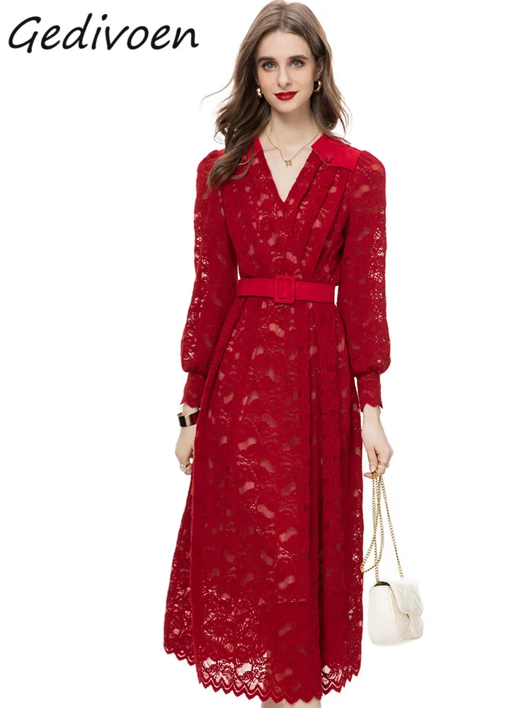 Gedivoen Autumn Fashion Designer Red Vintage Lace Dress Women's V Neck Long Sleeve Sashes Gathered Waist Slim Pleated Long Dress
Gedivoen Autumn Fashion Designer Red Vintage Lace Dress Women's V Neck Long Sleeve Sashes Gathered Waist Slim Pleated Long Dress