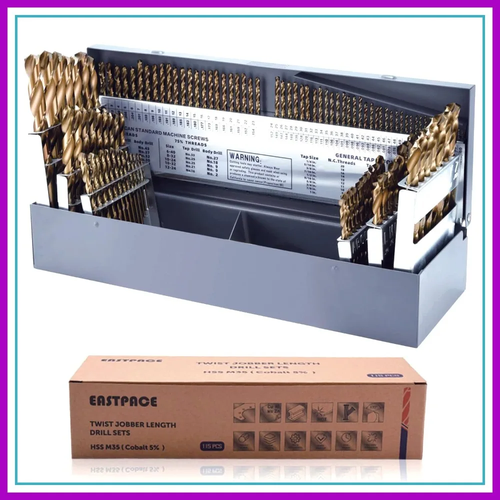 115-Piece M35 Cobalt Drill Bit Set, Twist Jobber Kit for Stainless Steel, Hard Metal, Wood & Plastic, Indexed Case (A-Z, 1-60, 1/16-1/2 Inch)
115-Piece M35 Cobalt Drill Bit Set, Twist Jobber Kit for Stainless Steel, Hard Metal, Wood & Plastic, Indexed Case (A-Z, 1-60, 1/16-1/2 Inch)