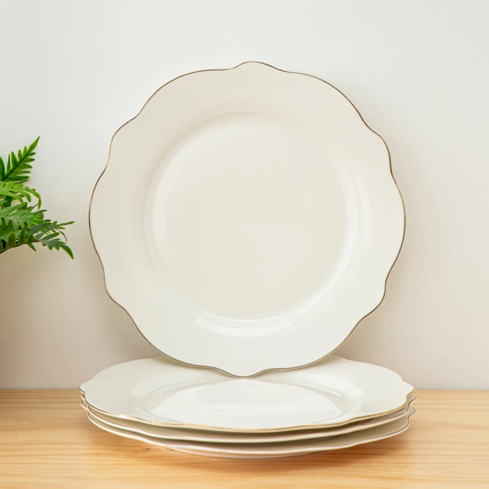 4pcs Porcelain Scalloped Plates with Golden Rim, Salad Plates, Dinner Plates - Pacifica Dinning Stackable White Ceramic Round Serving Plate for Salad, Dessert, Steak, Pasta - Local Warehouse - Halloween, Kitchen Accessories - Great for Wedding
4pcs Porcelain Scalloped Plates with Golden Rim, Salad Plates, Dinner Plates - Pacifica Dinning Stackable White Ceramic Round Serving Plate for Salad, Dessert, Steak, Pasta - Local Warehouse - Halloween, Kitchen Accessories - Great for Wedding