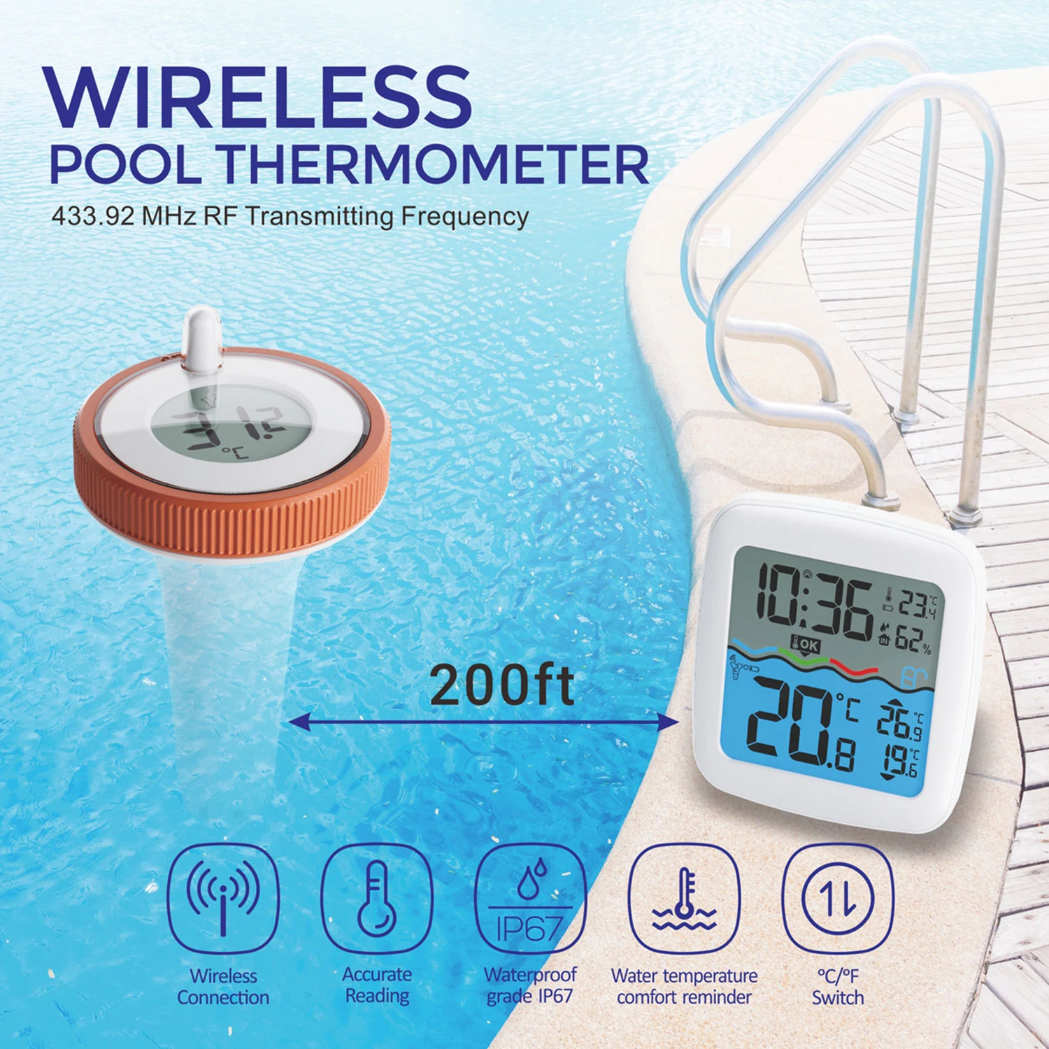 Yago wireless pool thermometer with indoor display, floating water temperature sensor for hot tub, fish pond, baby bath
Yago wireless pool thermometer with indoor display, floating water temperature sensor for hot tub, fish pond, baby bath
