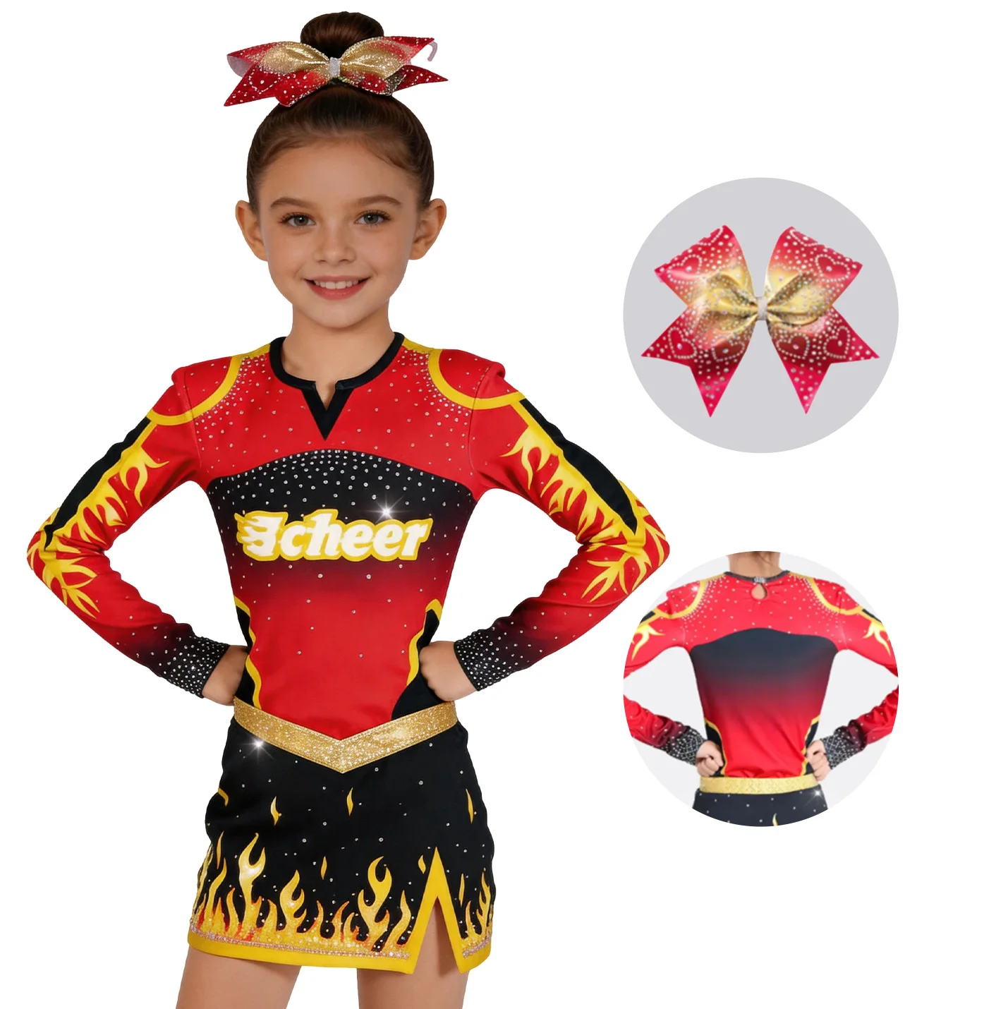 Girls Fire Flame Cheerleading Uniform Set with Sparkle Rhinestones Bow Long Sleeve Cheer Top Skirt Kids Competition Dance Wear
Girls Fire Flame Cheerleading Uniform Set with Sparkle Rhinestones Bow Long Sleeve Cheer Top Skirt Kids Competition Dance Wear
