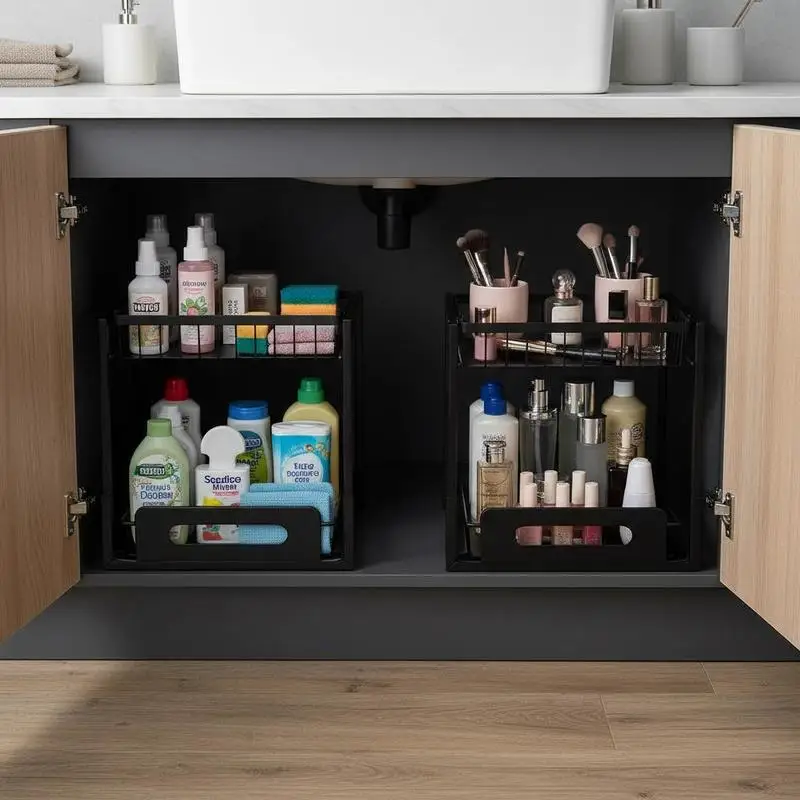 Dual Layer Sliding Pantry Rack 10.7"W x 14.2"D For Kitchen Bathroom Laundry Room, Double Tier Design Smooth Gliding Mechanism Carbon Steel Wire Mesh 2 Pack 25.5"Wx15.5"Dx13"H Space Requirement
Dual Layer Sliding Pantry Rack 10.7"W x 14.2"D For Kitchen Bathroom Laundry Room, Double Tier Design Smooth Gliding Mechanism Carbon Steel Wire Mesh 2 Pack 25.5"Wx15.5"Dx13"H Space Requirement