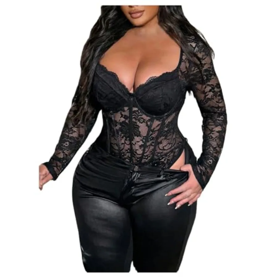 WDIRARA Women's Plus Size Lace Bodysuit Mesh Long Sleeve Sweetheart Neck Leotard Body Suit
WDIRARA Women's Plus Size Lace Bodysuit Mesh Long Sleeve Sweetheart Neck Leotard Body Suit