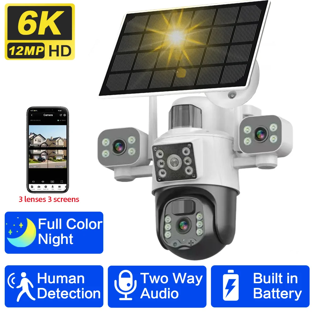 12MP 4G Sim Card Three Lens PTZ Solar Security Camera Three Screens PIR Detection Outdoor Wireless CCTV Surveillance IP Camera
12MP 4G Sim Card Three Lens PTZ Solar Security Camera Three Screens PIR Detection Outdoor Wireless CCTV Surveillance IP Camera