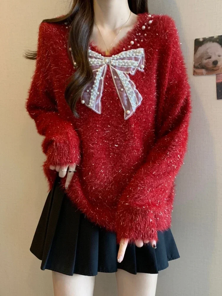 French Elegant Pullovers Bow Beading Patchwork Fluffy V Neck Long Sleeve Sweaters Casual Loose Sweet All Match Women's Clothing
French Elegant Pullovers Bow Beading Patchwork Fluffy V Neck Long Sleeve Sweaters Casual Loose Sweet All Match Women's Clothing