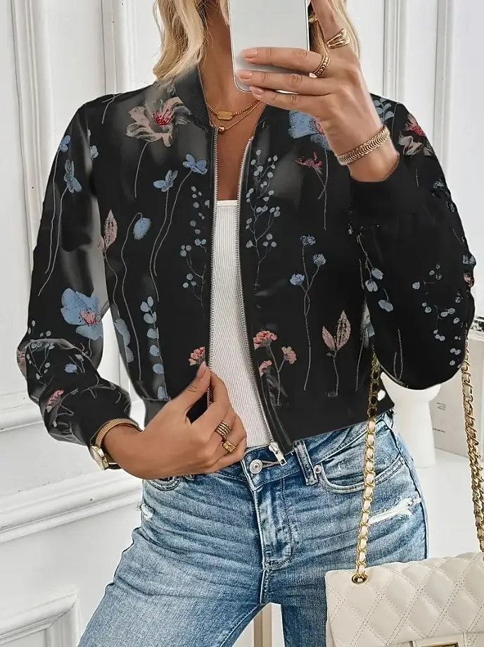 Women's Floral Baseball Jacket, Lightweight Quick Dry Fabric, Functional Zipper Pockets, Black White Red Spring Style
Women's Floral Baseball Jacket, Lightweight Quick Dry Fabric, Functional Zipper Pockets, Black White Red Spring Style