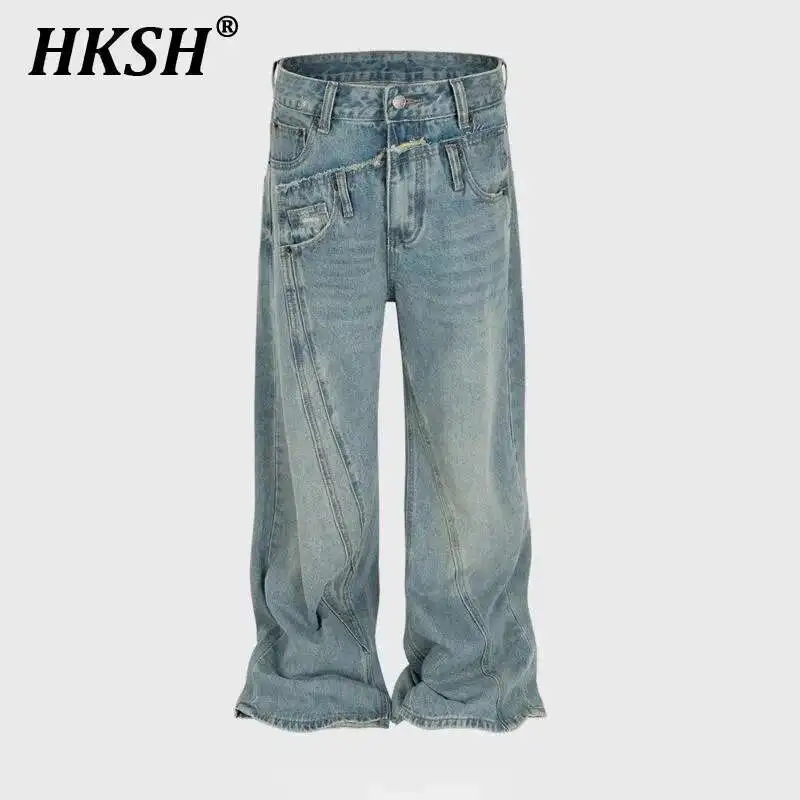 HKSH Autumn New Men's Tide Punk Spliced Jeans Women's Chic Vintage Denim Pants Irregular Design Niche Straight Trend Ins HK2774 
HKSH Autumn New Men's Tide Punk Spliced Jeans Women's Chic Vintage Denim Pants Irregular Design Niche Straight Trend Ins HK2774