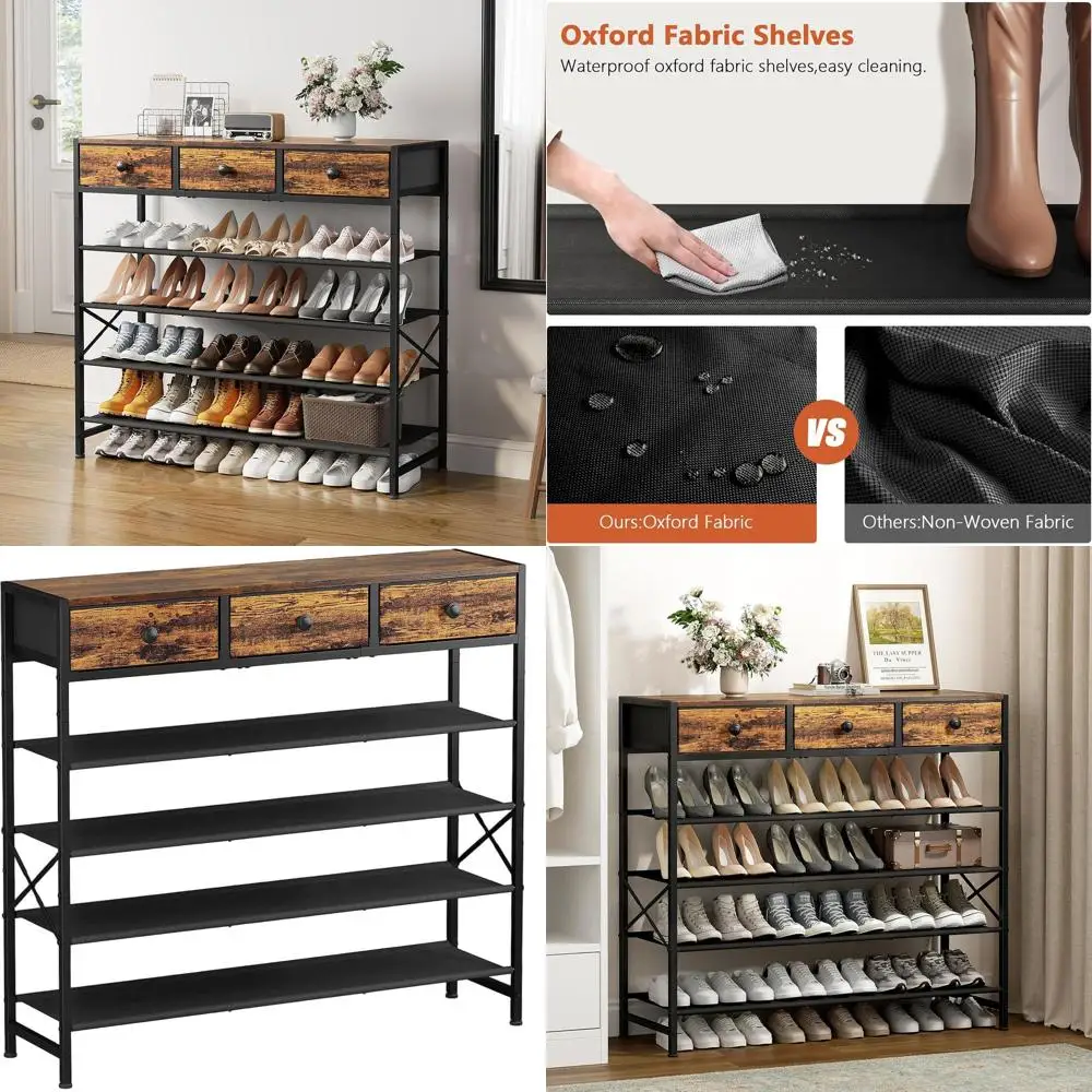 5-Tier Metal Shoe Rack with Fabric Shelves, Wooden Top, Holds 24-30 Pairs, Rustic Brown for Entryway Storage
5-Tier Metal Shoe Rack with Fabric Shelves, Wooden Top, Holds 24-30 Pairs, Rustic Brown for Entryway Storage