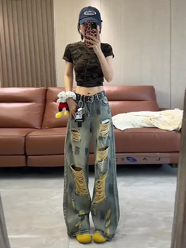 Retro Apocalyptic Style Splashed Ink Design Ripped Denim Jeans Women's Spring New Loose Wide Leg Straight Floor-Length Pants
Retro Apocalyptic Style Splashed Ink Design Ripped Denim Jeans Women's Spring New Loose Wide Leg Straight Floor-Length Pants