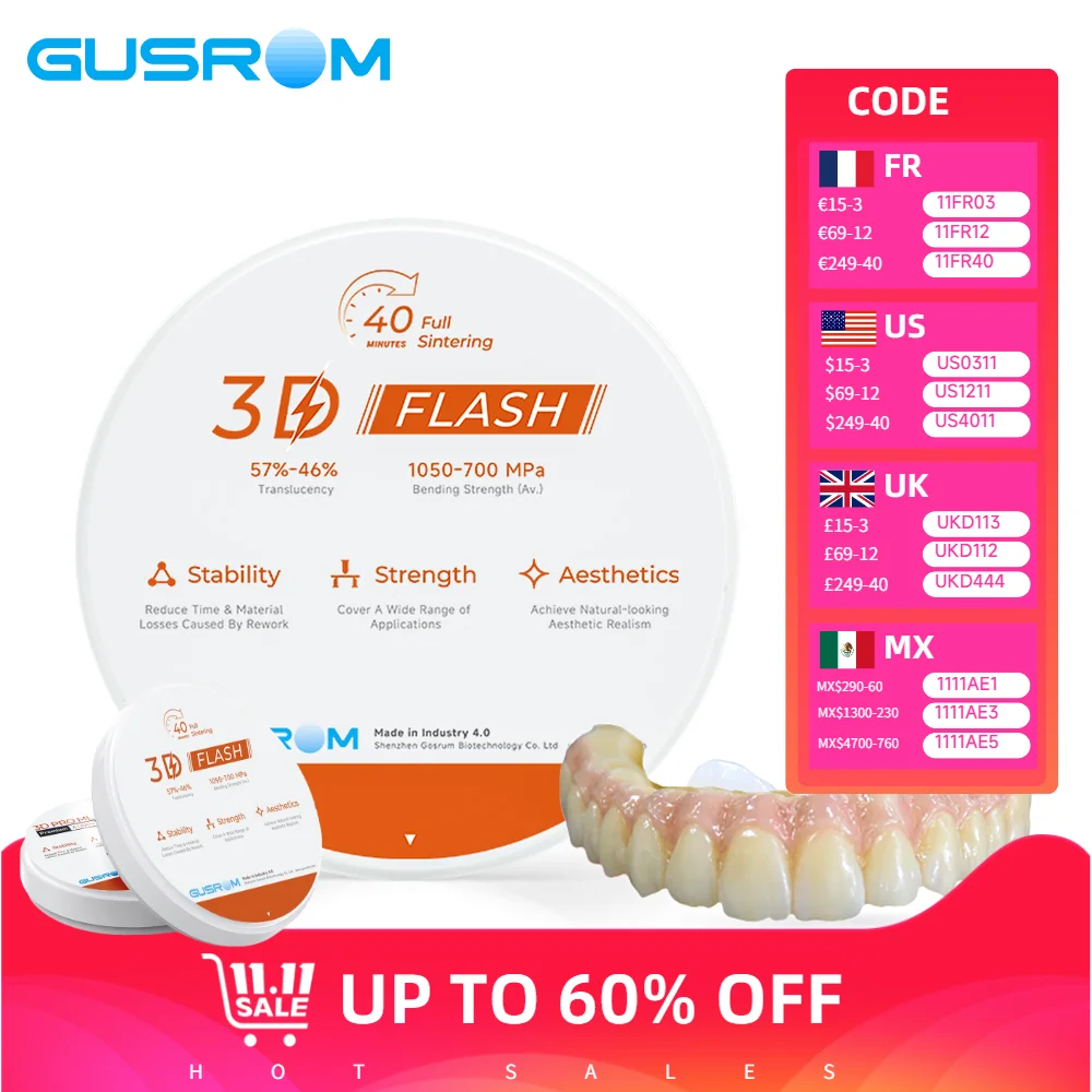 GUSROM 3D FLASH Zirconia Block 98x14mm Fast Sintering 40-Min Dental Material High Strength Aesthetic Multilayer Zirconia Disc
GUSROM 3D FLASH Zirconia Block 98x14mm Fast Sintering 40-Min Dental Material High Strength Aesthetic Multilayer Zirconia Disc
