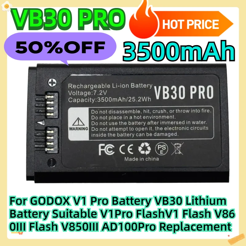 For GODOX V1 Pro Battery VB30 Lithium Battery Suitable V1Pro FlashV1 Flash V860III Flash V850III AD100Pro 3500mAh Replacement
For GODOX V1 Pro Battery VB30 Lithium Battery Suitable V1Pro FlashV1 Flash V860III Flash V850III AD100Pro 3500mAh Replacement