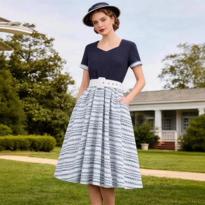 2026 New Women's Vintage Navy Blue White Print Swing Dress Women Short Sleeve Heart Neckline A-Line Midi Dresses with White Belt
2026 New Women's Vintage Navy Blue White Print Swing Dress Women Short Sleeve Heart Neckline A-Line Midi Dresses with White Belt