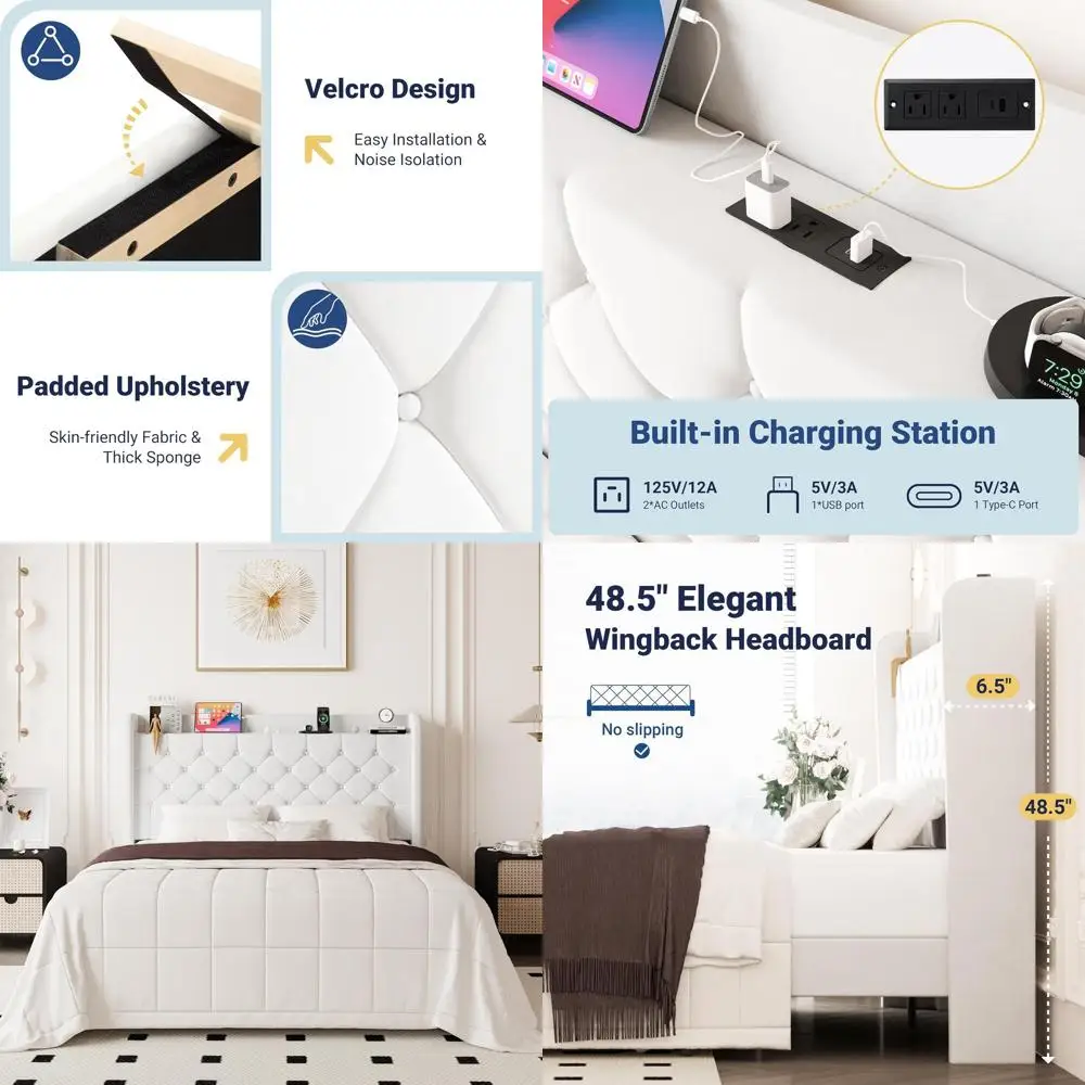 White Queen Size Bed with Storage, Charging Station, Velvet Wingback, Button-Tufted, Wooden Slats, No Box Spring, Easy Assembly
White Queen Size Bed with Storage, Charging Station, Velvet Wingback, Button-Tufted, Wooden Slats, No Box Spring, Easy Assembly