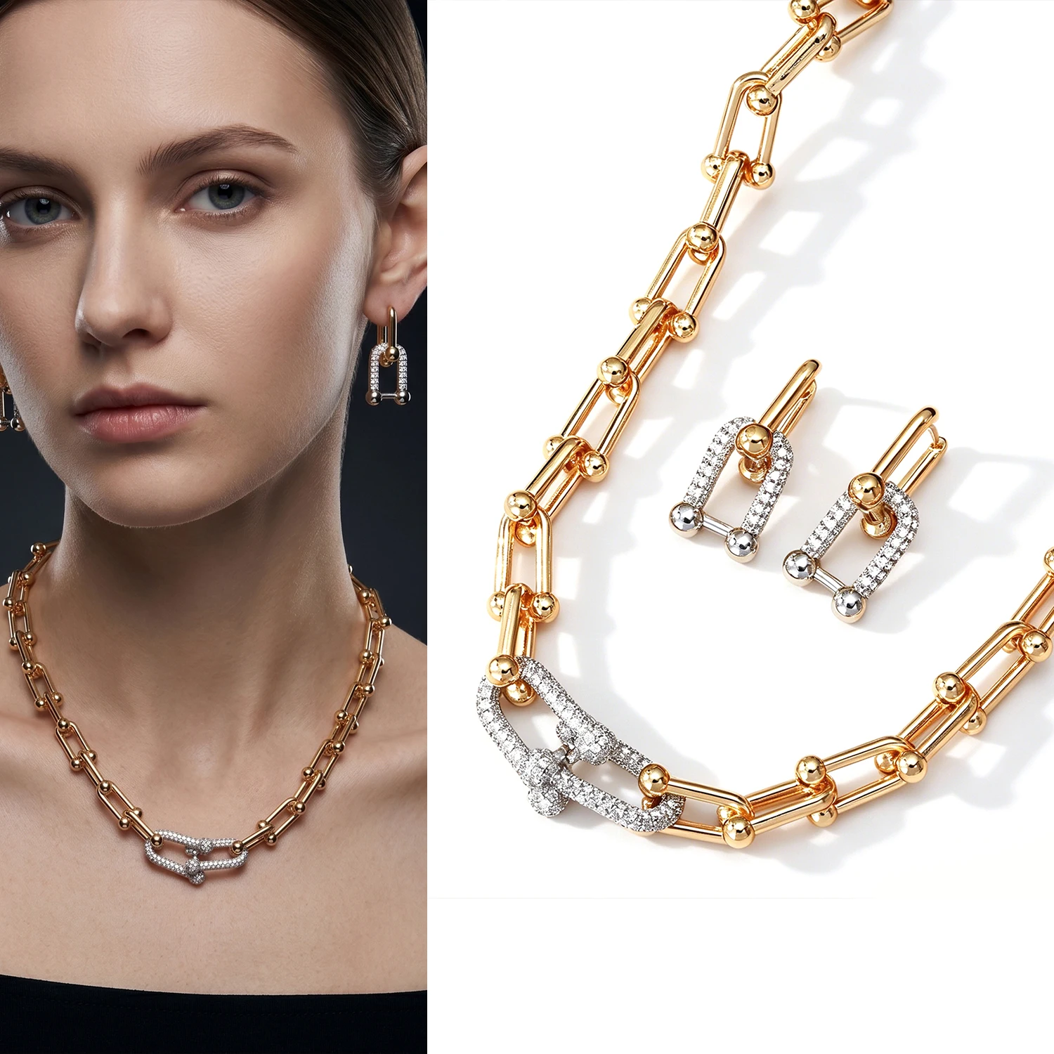 Elegant 2-in-1 U-Link CZ Jewelry Set - Two-Tone Gold Plated Necklace and Stud Earrings for Women High-Quality
Elegant 2-in-1 U-Link CZ Jewelry Set - Two-Tone Gold Plated Necklace and Stud Earrings for Women High-Quality