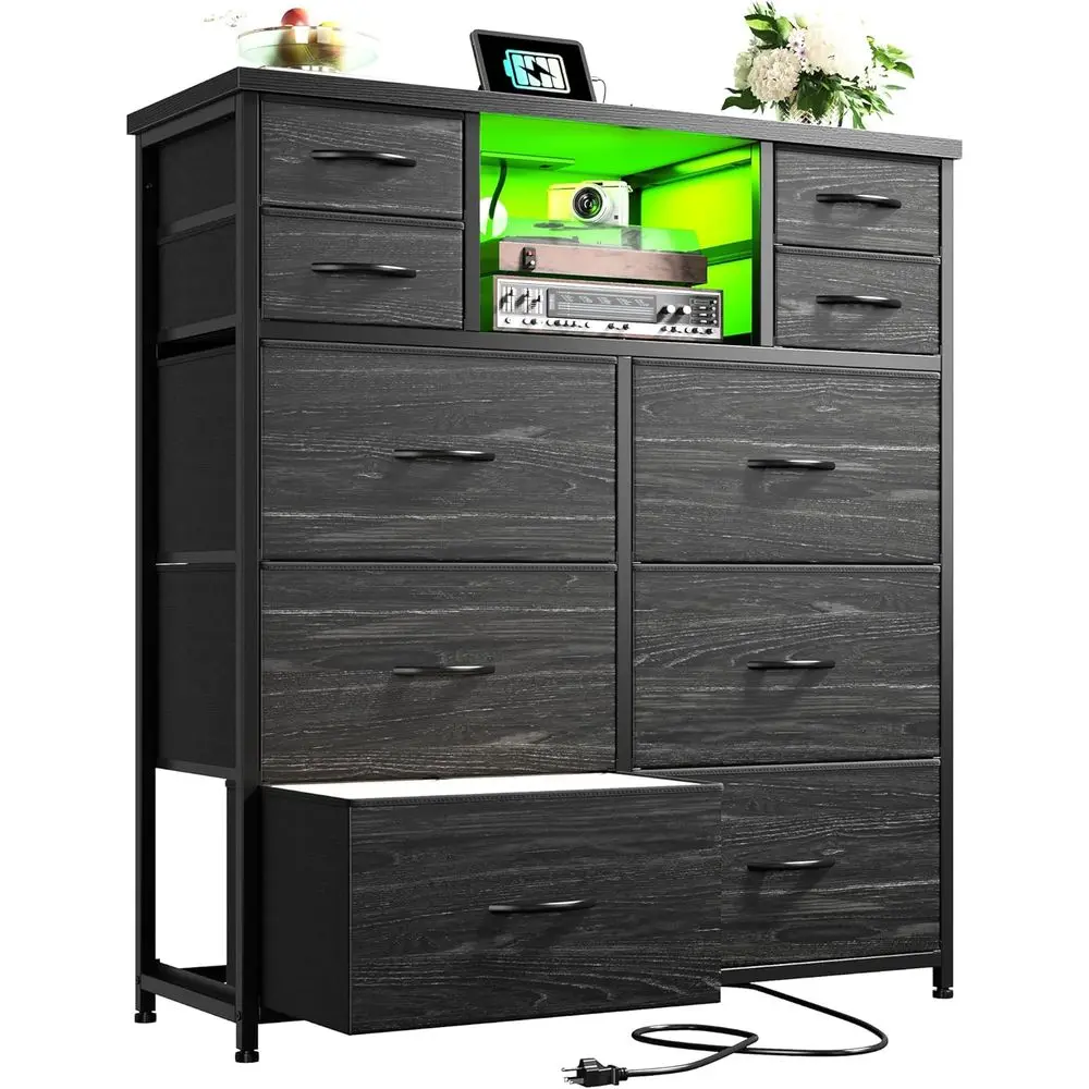Double Dresser with LED Lights and Power Outlets, 2 AC and 2 USB Ports, 10 Drawers, Chest with Open Shelves, Metal Frame, Wooden
Double Dresser with LED Lights and Power Outlets, 2 AC and 2 USB Ports, 10 Drawers, Chest with Open Shelves, Metal Frame, Wooden