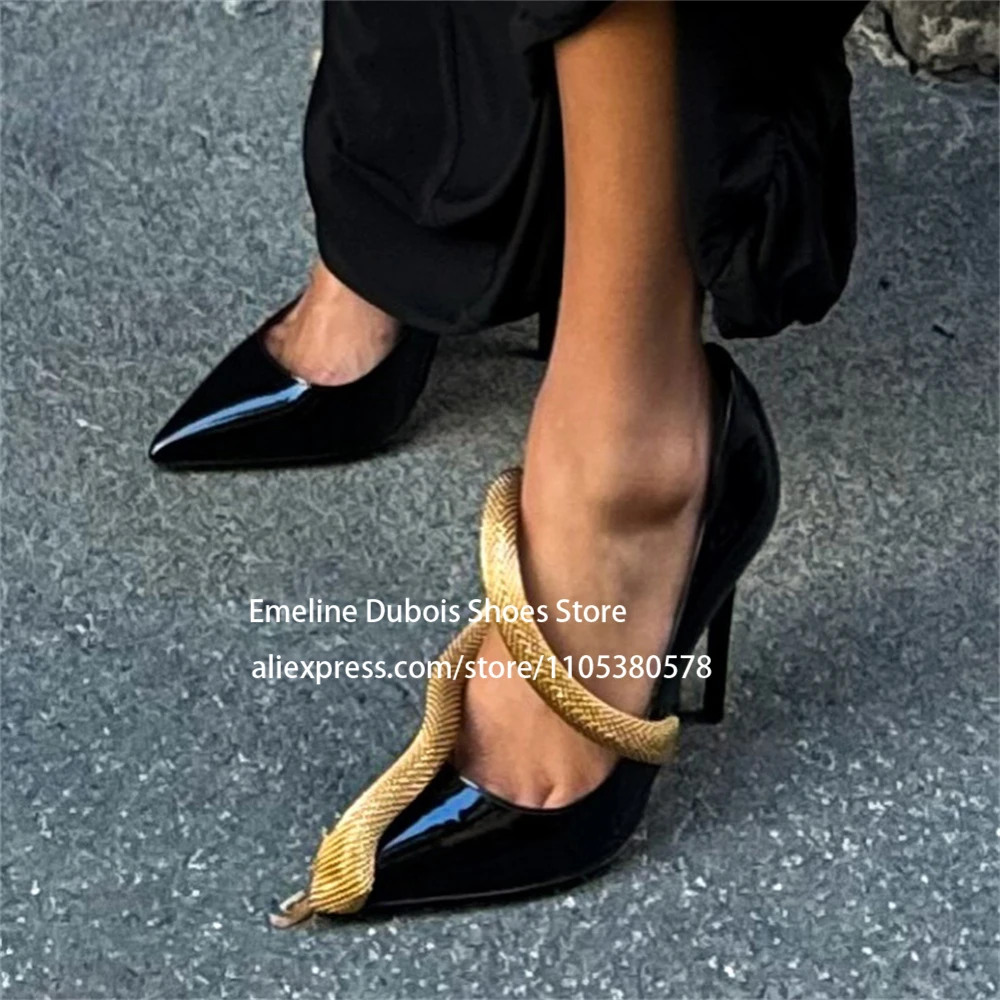 Gold Snake Pointed Toe High Heel Pump Patent Leather Chain Decor Slip on Stilettos Heels Sexy Women Shoes Party Date Dress
Gold Snake Pointed Toe High Heel Pump Patent Leather Chain Decor Slip on Stilettos Heels Sexy Women Shoes Party Date Dress