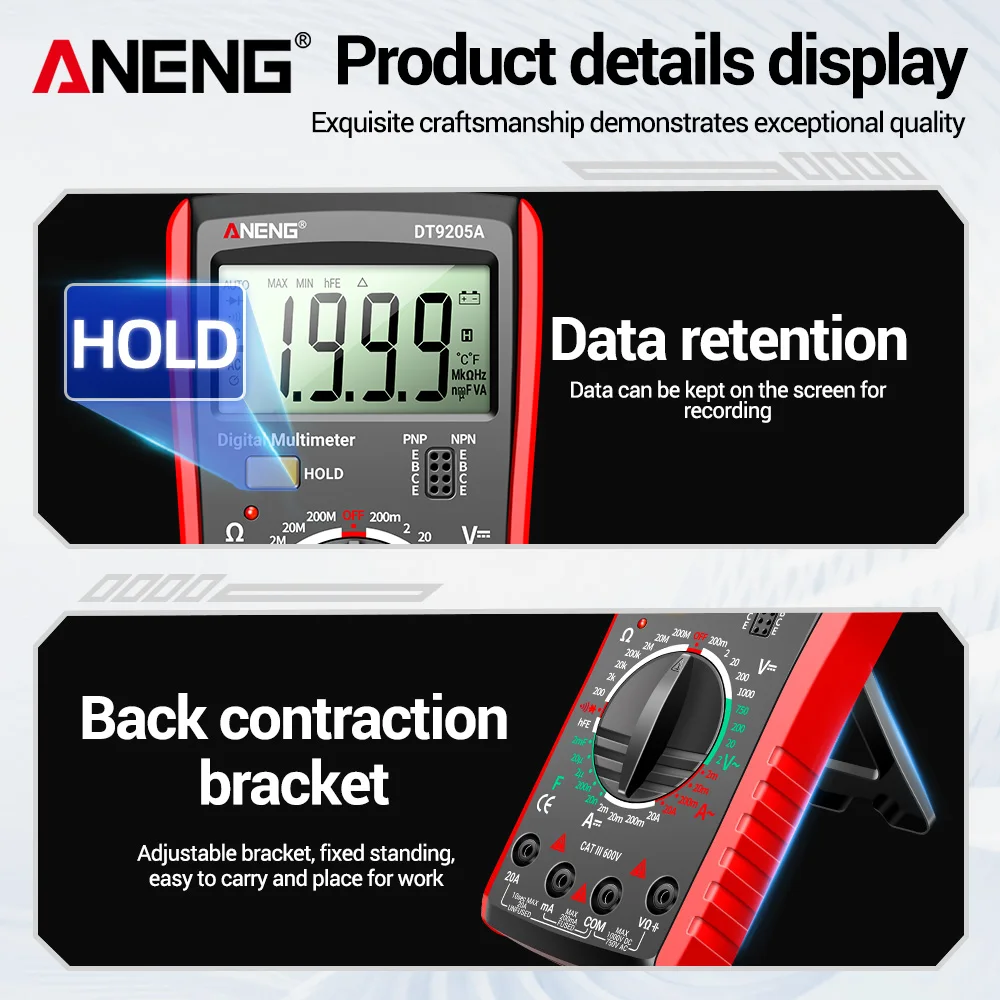 Multi-functional Multimeter Digital True RMS Professional AC/DC Current Tester hFE Ohm Capacitor Voltage Meter ANENG DT9205A-3
Multi-functional Multimeter Digital True RMS Professional AC/DC Current Tester hFE Ohm Capacitor Voltage Meter ANENG DT9205A-3