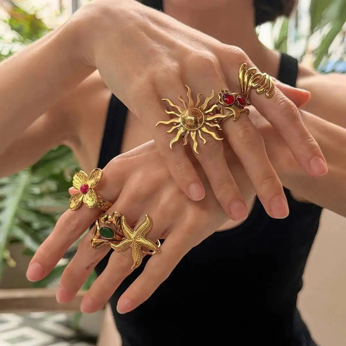 IngeSight.Z Exquisite Luxury Stainless Steel Sun Starfish Flower Open Rings Fashion Jewelry Waterproof 18K PVD Gold Plated Rings
IngeSight.Z Exquisite Luxury Stainless Steel Sun Starfish Flower Open Rings Fashion Jewelry Waterproof 18K PVD Gold Plated Rings