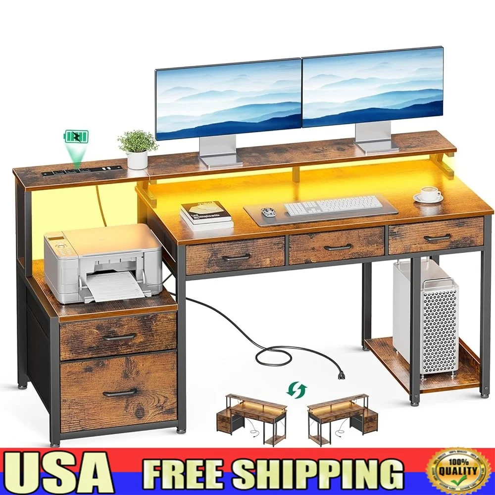 55 Inch Office Desk with 3 Drawers File Cabinet Storage Monitor Stand Power Outlet USB Charging LED Lights Home Office
55 Inch Office Desk with 3 Drawers File Cabinet Storage Monitor Stand Power Outlet USB Charging LED Lights Home Office