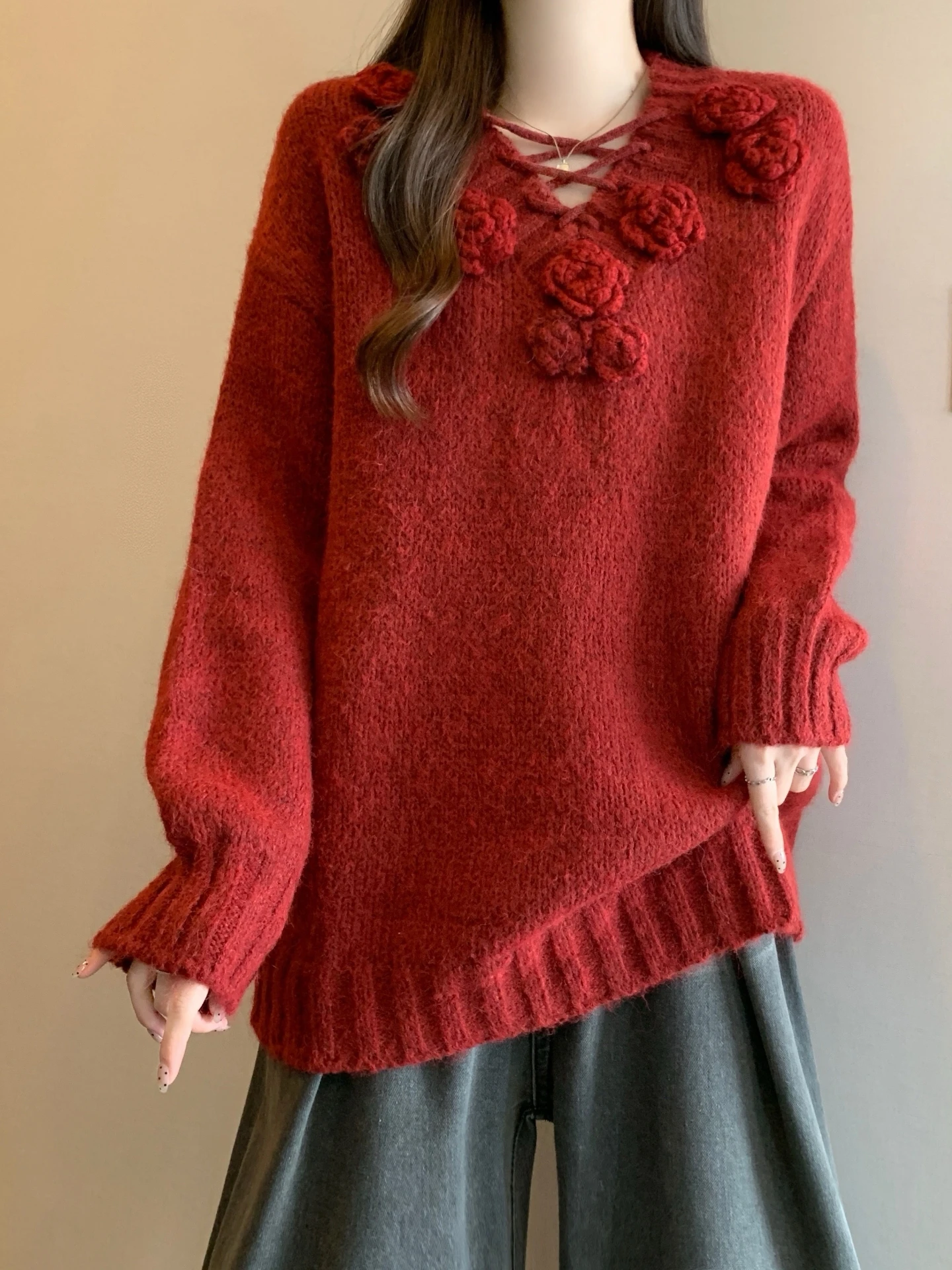 Red 3D Flower Knitted Sweater Women's Style Spring Autumn plus Size Slimming Beautiful Unique Top Relaxing Fit Medium Thickness
Red 3D Flower Knitted Sweater Women's Style Spring Autumn plus Size Slimming Beautiful Unique Top Relaxing Fit Medium Thickness