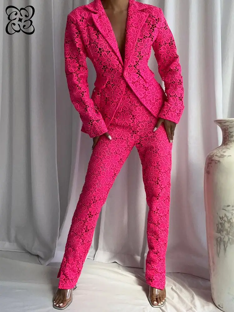 Hot Pink Lace Two Piece Set For Women Floral Hollow Out See Through Blazer Jacket & Slim Fit Pants Elegant Party Suit 2026
Hot Pink Lace Two Piece Set For Women Floral Hollow Out See Through Blazer Jacket & Slim Fit Pants Elegant Party Suit 2026