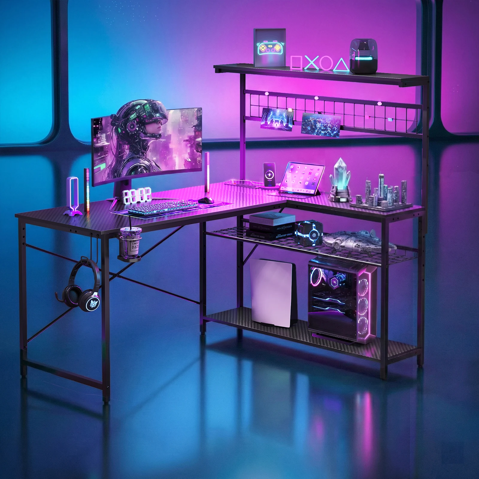 NOST&HOST 51" L-Shaped Gaming Desk Power Outlets LED Lights 4 Tier Shelves Hooks Cup Holder Home Office Carbon Fiber Black
NOST&HOST 51" L-Shaped Gaming Desk Power Outlets LED Lights 4 Tier Shelves Hooks Cup Holder Home Office Carbon Fiber Black