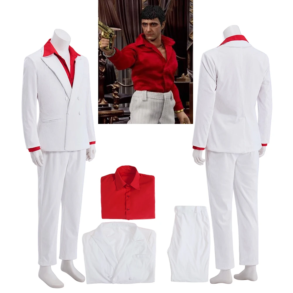Tony Montana Cosplay Movie Costume Men's White Uniform Suit with Red Shirt Halloween Carnival Party Disguise Scarface Outfits
Tony Montana Cosplay Movie Costume Men's White Uniform Suit with Red Shirt Halloween Carnival Party Disguise Scarface Outfits