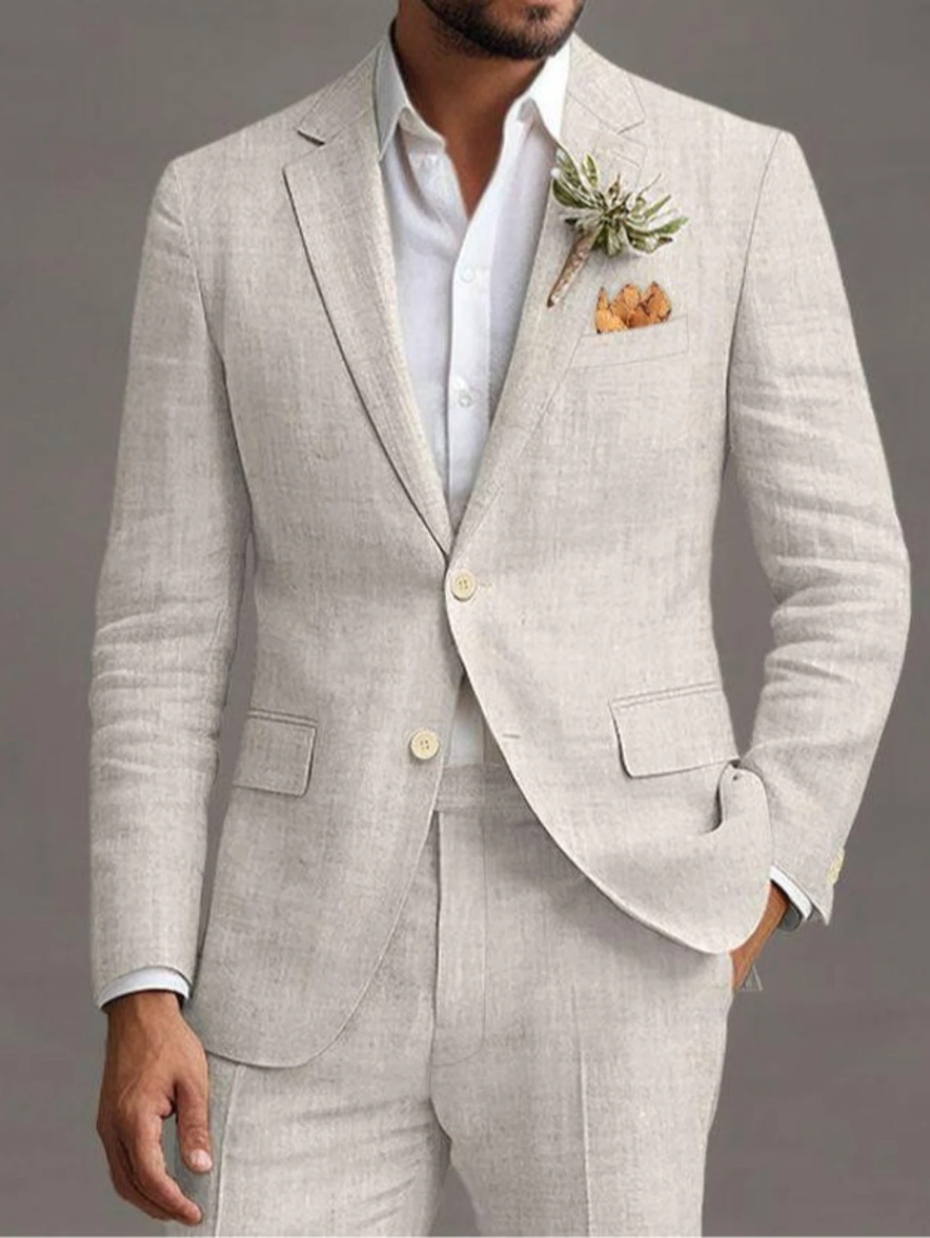 Мужской бежевый приталенный свадебный костюм из двух частей, наряд для жениха 
Мужской бежевый приталенный свадебный костюм из двух частей, наряд для жениха